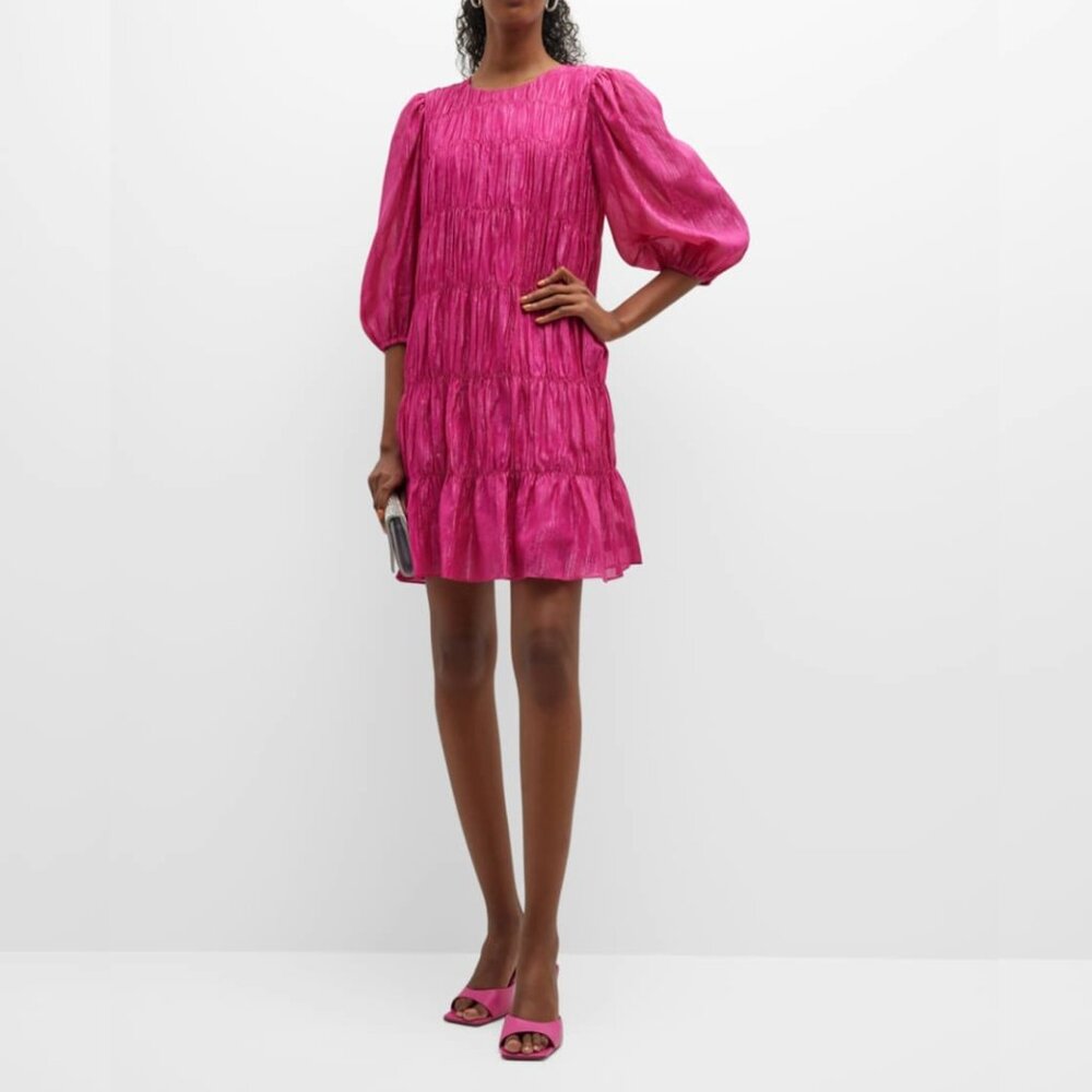 Trina‎ Turk Metallic Pink Shirred Puff Sleeve Mini Tiered Dress Preppy Dopamine